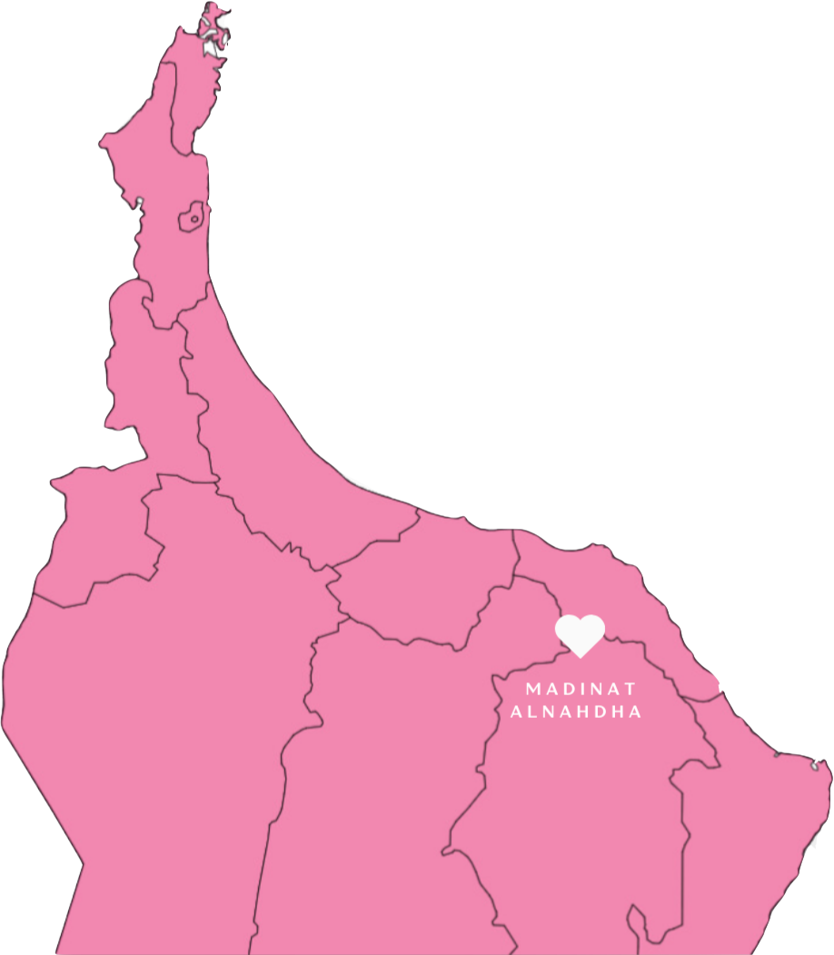 Map of Oman in pink, with a heart over Madinat Alnahdha