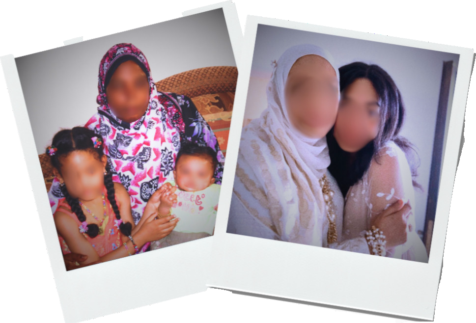Two family polaroids — Bibi with grandchildren, and Mama in white